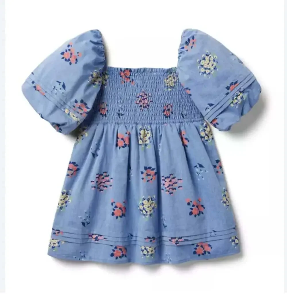 Janie And Jack Dress Girls 3T Blue Floral Smocked Puff Sleeve Summer Sundress